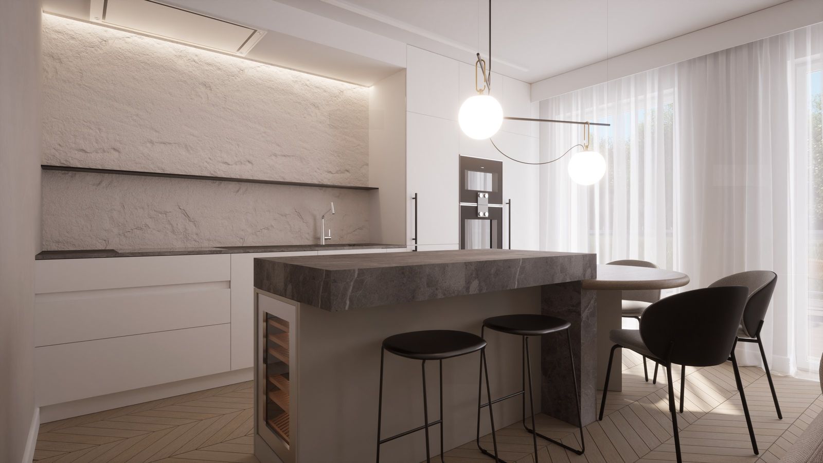 Apartament 45: kuchnia z kamienną wyspą, hokerami i lampą z dwiema kulami