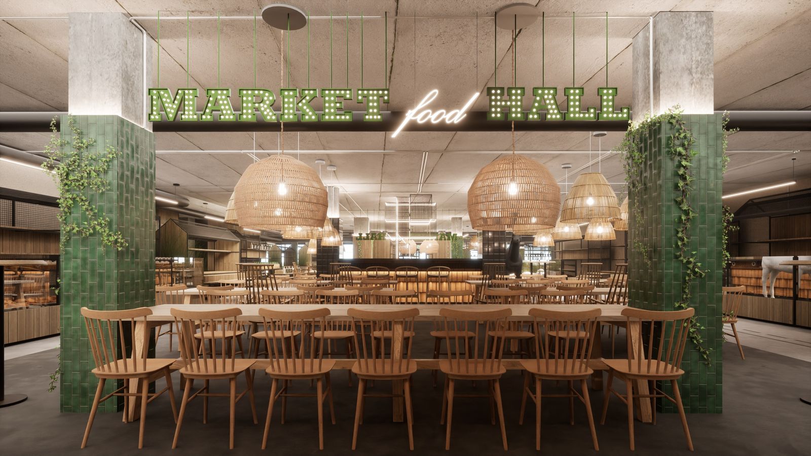 Food hall: długi drewniany stół pod wiklinowymi lampami, zielone kafle na słupach i świetlny napis Market Food Hall