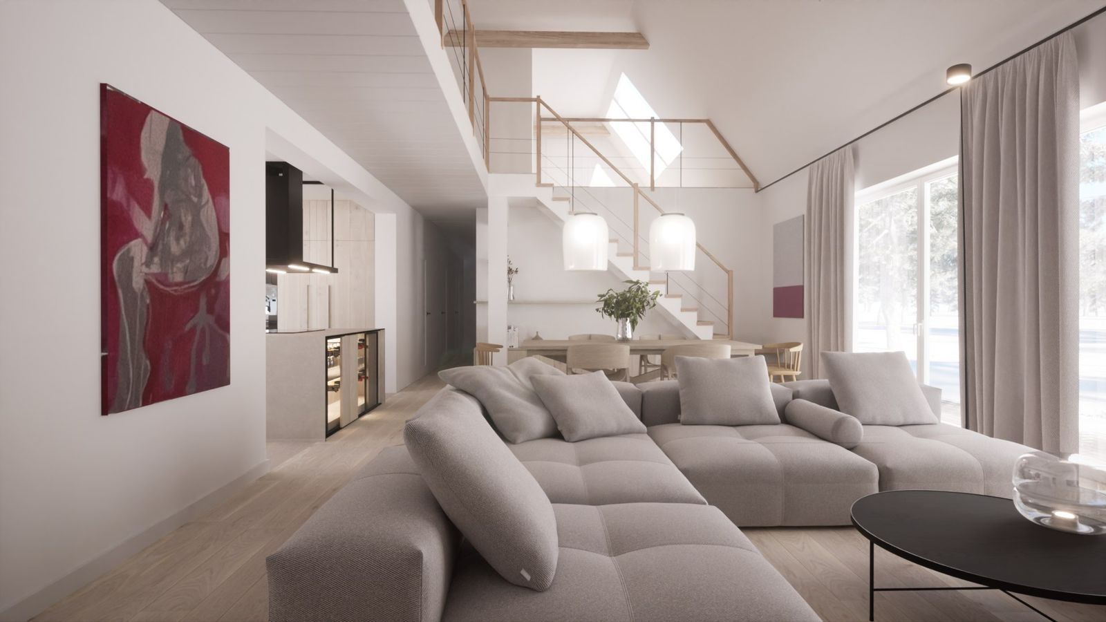 Otwarta część dzienna: modułowa szara sofa, w głębi stół pod dwiema mlecznymi lampami, schody na antresolę i kuchnia z wyspą