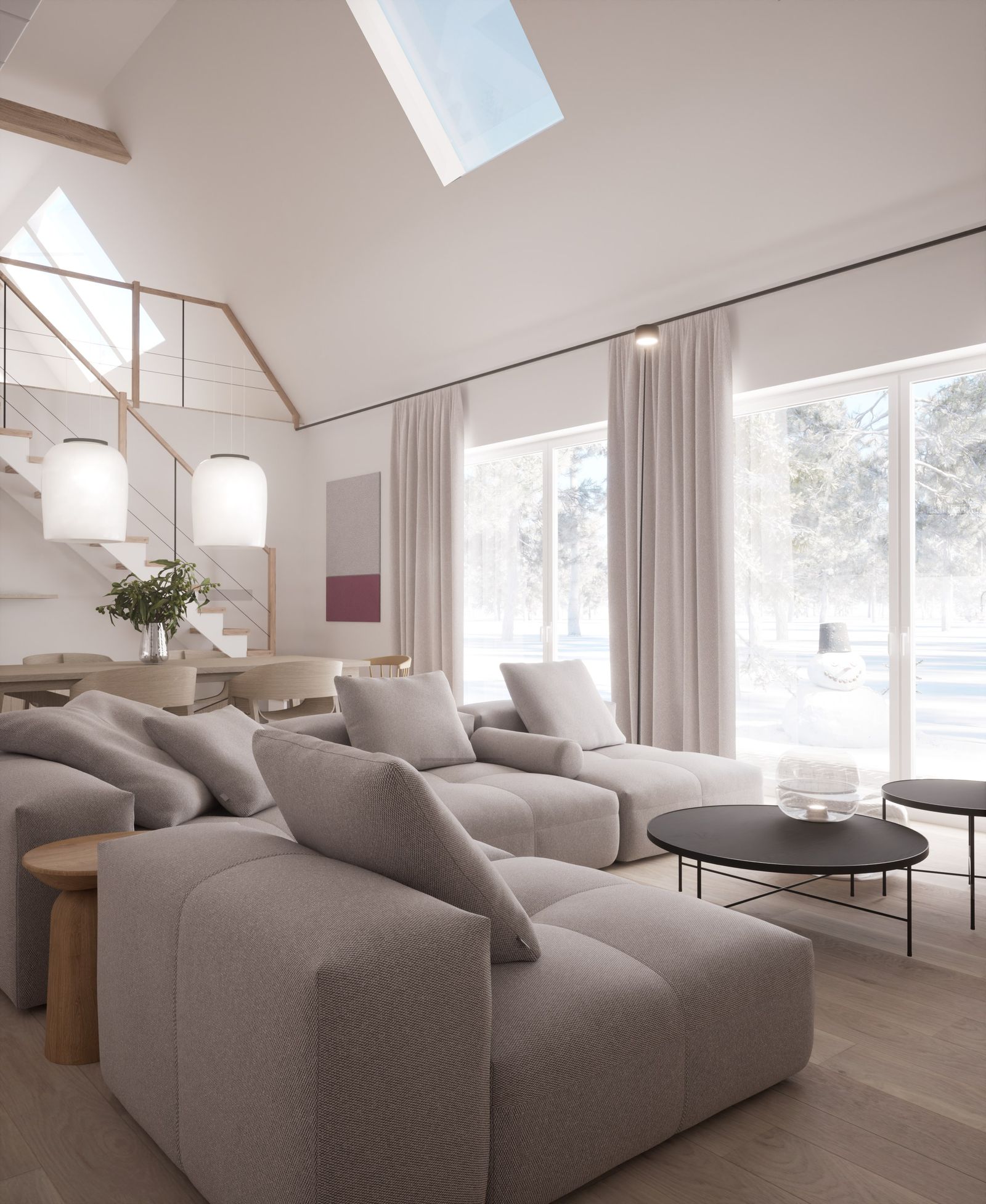 Modułowa sofa przy przeszkleniu z widokiem na zaśnieżony las, w głębi stół i schody